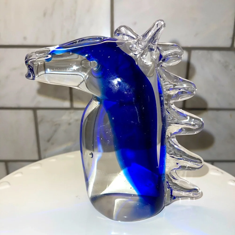 Handblown Handmade Glass Unmarked Masterpiece Decor Seahorse / Horse Head Cobalt
